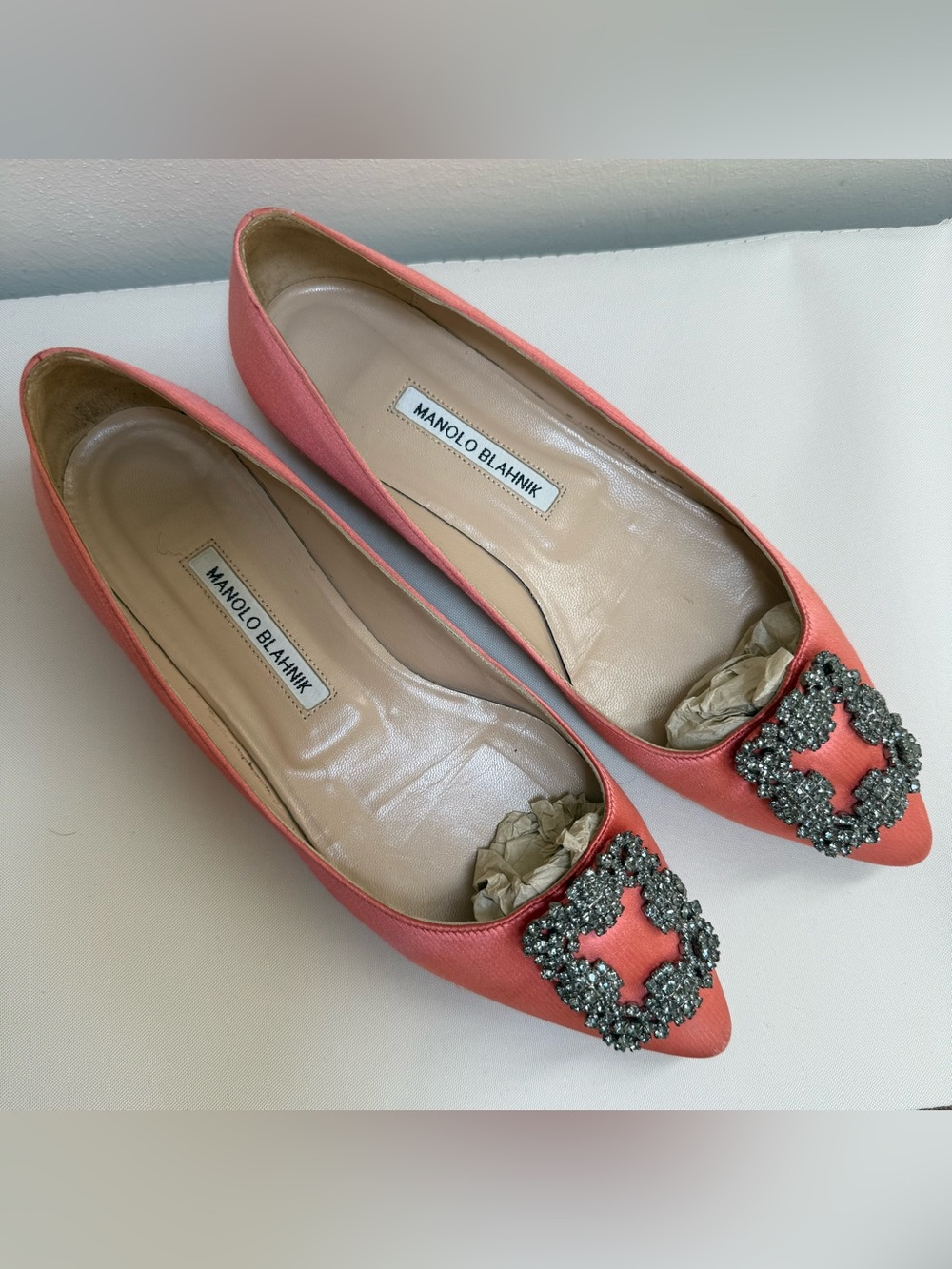 Manolo Blahnik Coral Pink Hangisi Satin Pointed Toe Flats